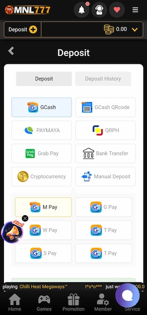 Step 2: Select “Deposit” from the toolbar and click on the e-wallet you want to use for payment.