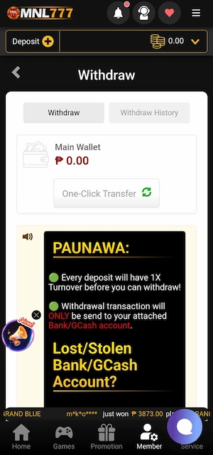 Step 3:  requirement of MNL777 for withdrawal
